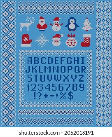 Knitted sweater patterns, elements and alphabet for Christmas or New Year design. Vector set of scandinavian seamless ornaments, frame, letters and holiday symbols: deer, Santa, Christmas tree, etc.