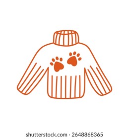 Knitted Sweater with Paw print. Cozy hand drawn Pet Lover Winter Clothes in doodle style for cat and dog Christmas holiday designs. Vector illustration