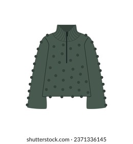 Knitted sweater with pompons. Cartoon women wearing wool cardigan, soft pullover comfortable winter clothing, spring autumn knitwear warm garment. Vector illustration