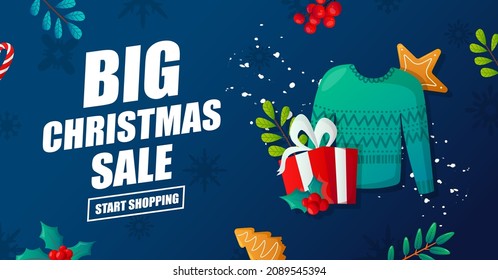 Knitted sweater and present box. Banner template for Winter seasonal advertising.