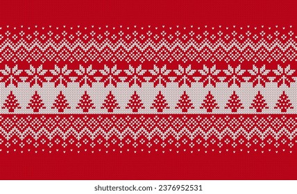 Knitted sweater print with tree and snowflakes. Xmas geometric border. Christmas red background. Holiday knit seamless pattern. Fair isle traditional texture. Festive winter ornament. Vector.