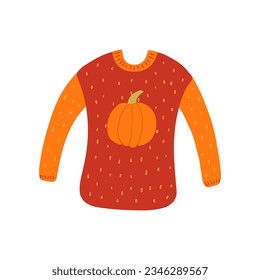 Knitted sweater with pumpkin print hand drawn cartoon illustration. Flat style design, isolated vector. Kids autumn, fall print element, seasonal warm, cozy clothes, knitting, handicraft, knitwear