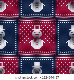 Knitted sweater with snowmen and snow. Seamless vector background. Christmas pattern. Can be used for wallpaper, textile, invitation card, wrapping, web page background.