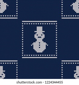 Knitted sweater with snowmen and snow. Seamless vector background. Christmas pattern. Can be used for wallpaper, textile, invitation card, wrapping, web page background.
