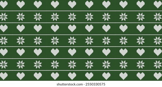 Knitted Sweater Texture: Green knitted print adorned with festive Christmas patterns. A warm and detailed vector illustration ideal for holiday-themed designs.