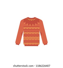 Knitted sweater vector illustration - cute winter warm red pullover with pattern isolated on white background. Seasonal apparel for wearing in cold weather in flat style.