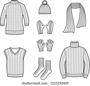 Knitted sweater, vest, scarf, cap, mittens, gloves, socks flat sketch. Knitwear apparel design. CAD mockup. Technical drawing. Vector illustration.