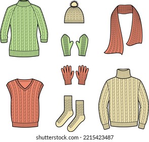 Knitted sweater, vest, scarf, cap, mittens, gloves, socks flat sketch. Knitwear apparel design. CAD mockup. Technical drawing. Vector illustration.