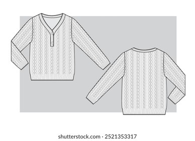 Knitted sweater v-neck with braids and buttons. Technical scketch.