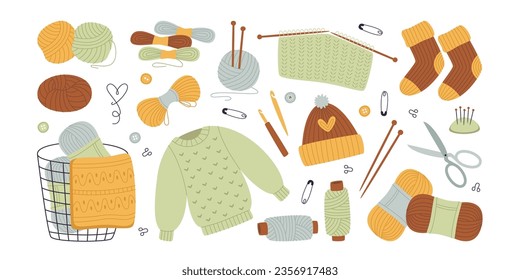 Knitted sweater warm clothes and knitting tools supplies isolated needlework hobby items set on white. Woolen jumper, hat, scarf, needles, hook, yarn, scissors for handcraft work vector illustration