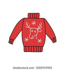 Knitted sweater. Warm cozy clothes. Christmas ornament, deer, snowflakes. Winter icon, doodle drawing. Christmas, holiday. Illustrations on isolated background.