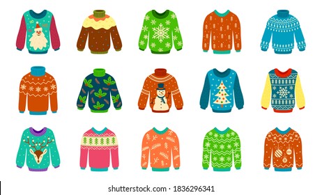 Knitted sweater. Woolen ugly jumpers with christmas patterns, pullover stylish holiday design, new year winter season collection. Hand drawn isolated vector doodle modern set of cute cozy xmas clothes