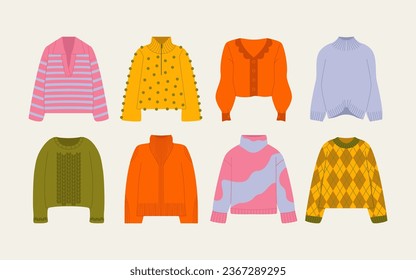 Pullover. Cartoon-Frauen mit Wollcardigan, weicher Pullover bequeme Winterkleidung, Frühling Herbst warme Kleidung. Vektor-Einzelsatz