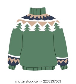 Knitted sweaters for cold seasons and winter, isolated warm clothes for men. Knitwear with pine trees and abstract geometric shapes. Clothing and apparel for men and women. Vector in flat style