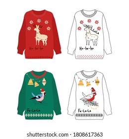 Knitted sweaters for merry Christmas celebration. Warm winter clothes from wool.4 garment items with cute llama, bullfinch, garlands and toys.New year poster for seasonal sale,gift card or promo flyer