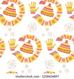 Knitted sweaters and warm winter hat seamless pattern isolated on white background vector. Snowflakes and reindeer symbolic animal of Christmas holidays prints. Ornaments and animalistic elements