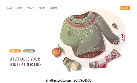 Knitted sweaters,sock and mitten. Warm clothes, Merry Christmas, cozy winter, New Year, home comfort, holidays concept. Vector illustration for poster, banner, website, cover.