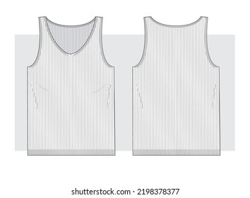 Knitted tank top with v neck and rib technical sketch. Vector illustration.