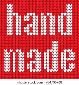 Knitted Text. Hand made. In red and white colors. Vector illustration.