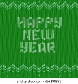 Knitted text Happy New year on green background. Christmas crochet font on knitted classic ornament pattern. All the letters are on different layers