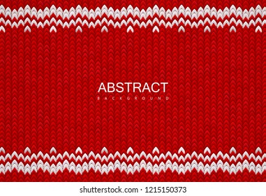 Knitted textile pattern. Vector illustration. Warm clothing texture. Red woven background with white winter ornament