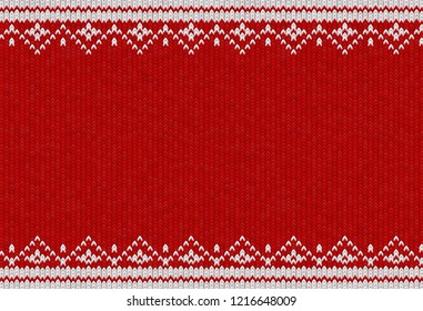 Knitted textile pattern. Vector illustration. Warm clothing texture. Red woven background with white winter ornament. Traditional slavic or nordic knit tracery