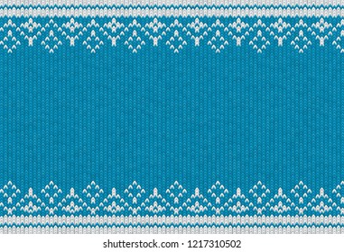 Knitted textile pattern. Vector illustration. Warm clothing texture. Blue woven background with white winter ornament. Traditional slavic or nordic knit tracery