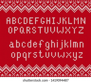 Knitted texture background with alphabet. Knit geometric ornament with letters in scandinavian style. Vector illustration.