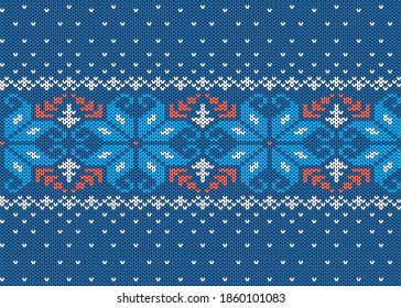 Knitted texture. Christmas seamless pattern. Knit blue xmas print. Sweater geometric background. Holiday wool ornament. Winter jumper in scandinavian style. Vector illustration.