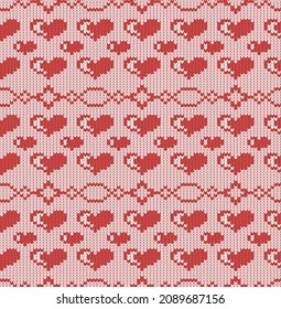 Knitted texture with hearts, bright seamless vector pattern on a pink background