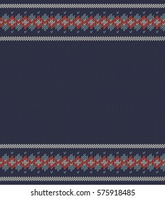 Knitted  texture on blue background with place for text. Colorful striped pattern. Can be used as scheme of knitting, wallpaper, design element, independent project, website etc. Woolen cloth.