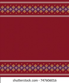 Knitted  texture on red, claret background with place for text. Colorful striped pattern. Can be used as scheme of knitting, wallpaper, design element, independent project, website etc. Woolen cloth.