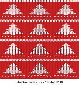 knitted texture of red color with a white pattern in the form of Christmas trees