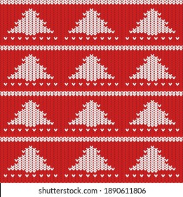 knitted texture of red color with a white pattern in the form of Christmas trees