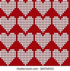 Knitted texture seamless pattern with hearts. Loops yarn in the shape of hearts. Design element for banner, card, invitation, postcard, textile, fabric. Vector illustration.