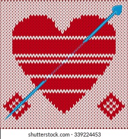 Knitted texture in the shape of a heart pierced by an arrow - with knitting needles. Seamless vector pattern.