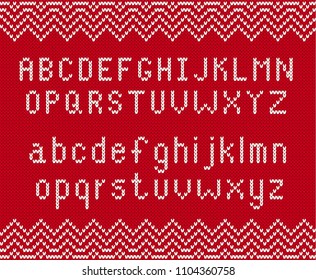 Knitted textured background with alphabet. Knit geometric ornament with letters in scandinavian style.