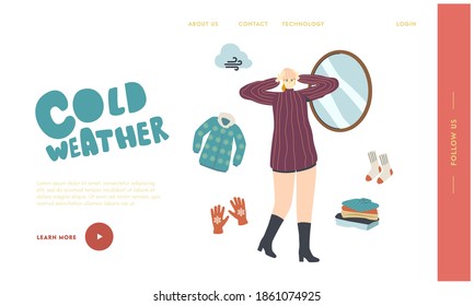 Knitted Things for Cold Weather Landing Page Template. Female Character in Warm Dressing Try On Knitted Hat front of Mirror for Walking Outdoor. Fashioned Garment, Apparel. Linear Vector Illustration