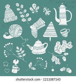 Knitted things. Leaves, branches acorns. Hot drinks and kettle. Snail. Isolated vector objects on white background.