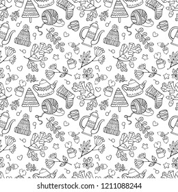 Knitted things. Leaves, branches acorns. Hot drinks and kettle. Snail. Seamless vector pattern (background).