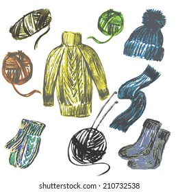 knitted things and skeins of thread