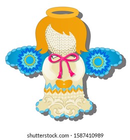 Knitted toy angel isolated on a white background. Vector cartoon close-up illustration