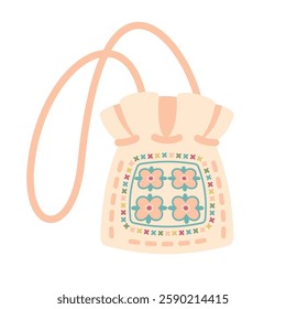 Knitted trendy woman hand bag isolated. Fashion women shoulder bag with long handgrip. Bag icon. Female Crochet  purse with strap and pattern. Woman accessories. Handicraft. Vector illustration