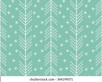 Knitted turquoise seamless pattern with white winter ornament. 