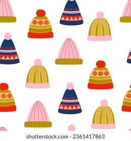 Knitted unisex hats seamless pattern, background. Woolen sporty headgear. Warm head wear. Autumn and winter accessories. Retro vintage colors.