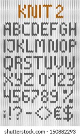 Knitted uppercase english alphabet with numbers and symbols. Vector set. Isolated on white knitting texture
