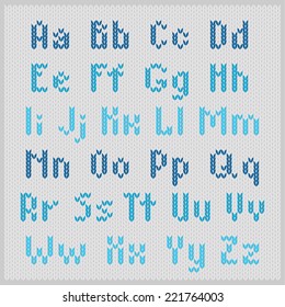 Knitted vector alphabet, blue small sans serif letters on gray background. Part 1 - letters.