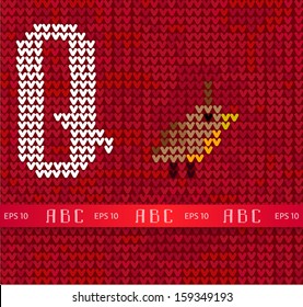 Knitted vector alphabet. Letter Q with quail