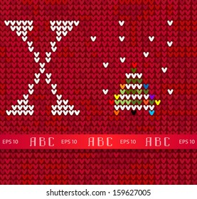 Knitted vector alphabet. Letter X with xmas tree