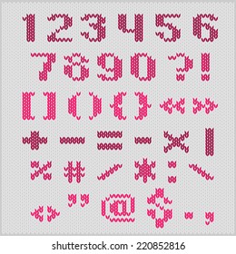 Knitted vector alphabet, red bold sans serif letters on gray background. Part 2 - numbers and punctuation.